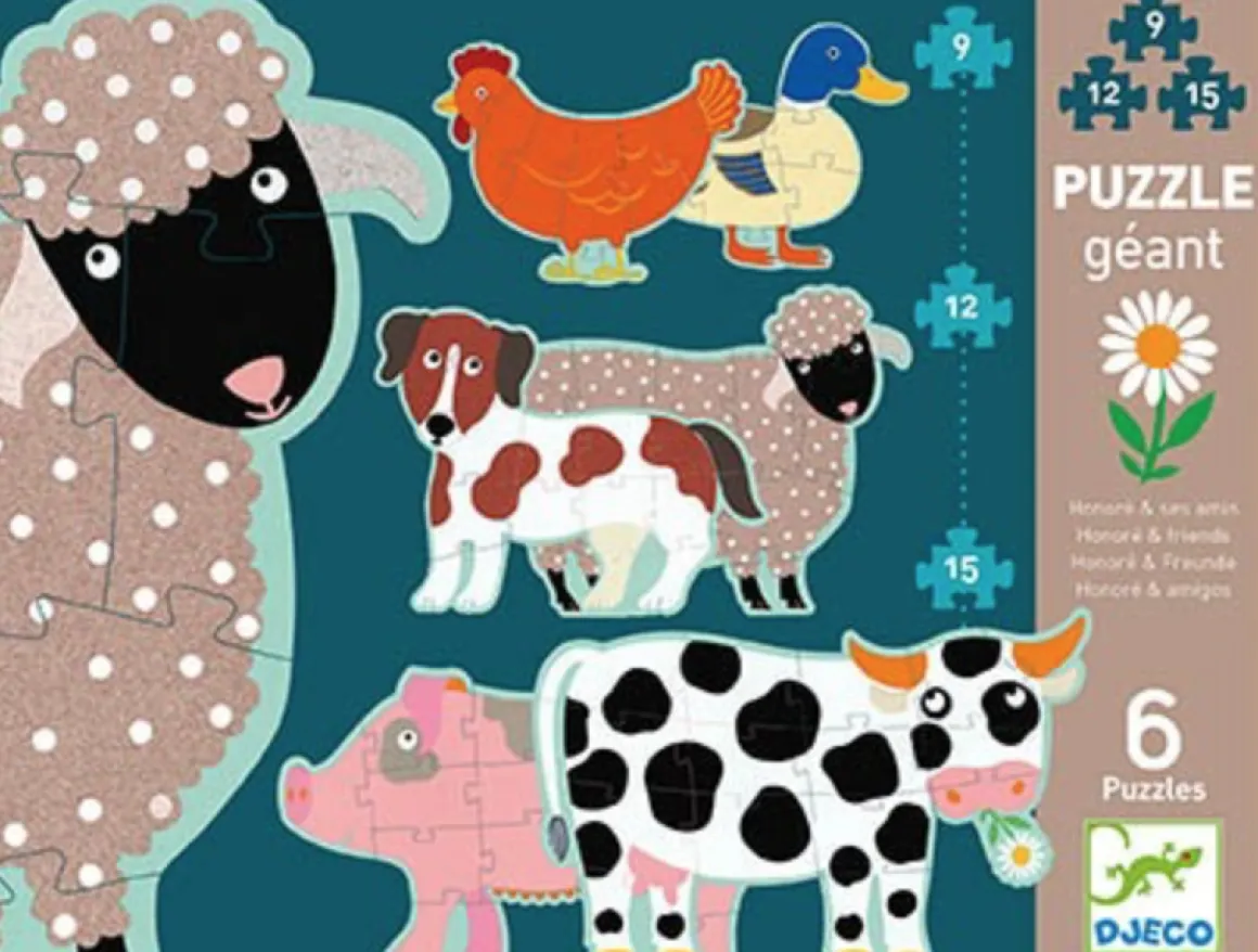 Djeco 6 reuzengrote puzzels van boerderijdieren - 9, 12 en 15 stukjes