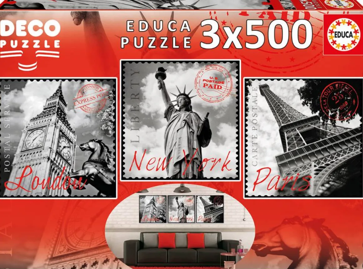 Educa Wereldsteden - Deco - 3 puzzels van 500 stukjes