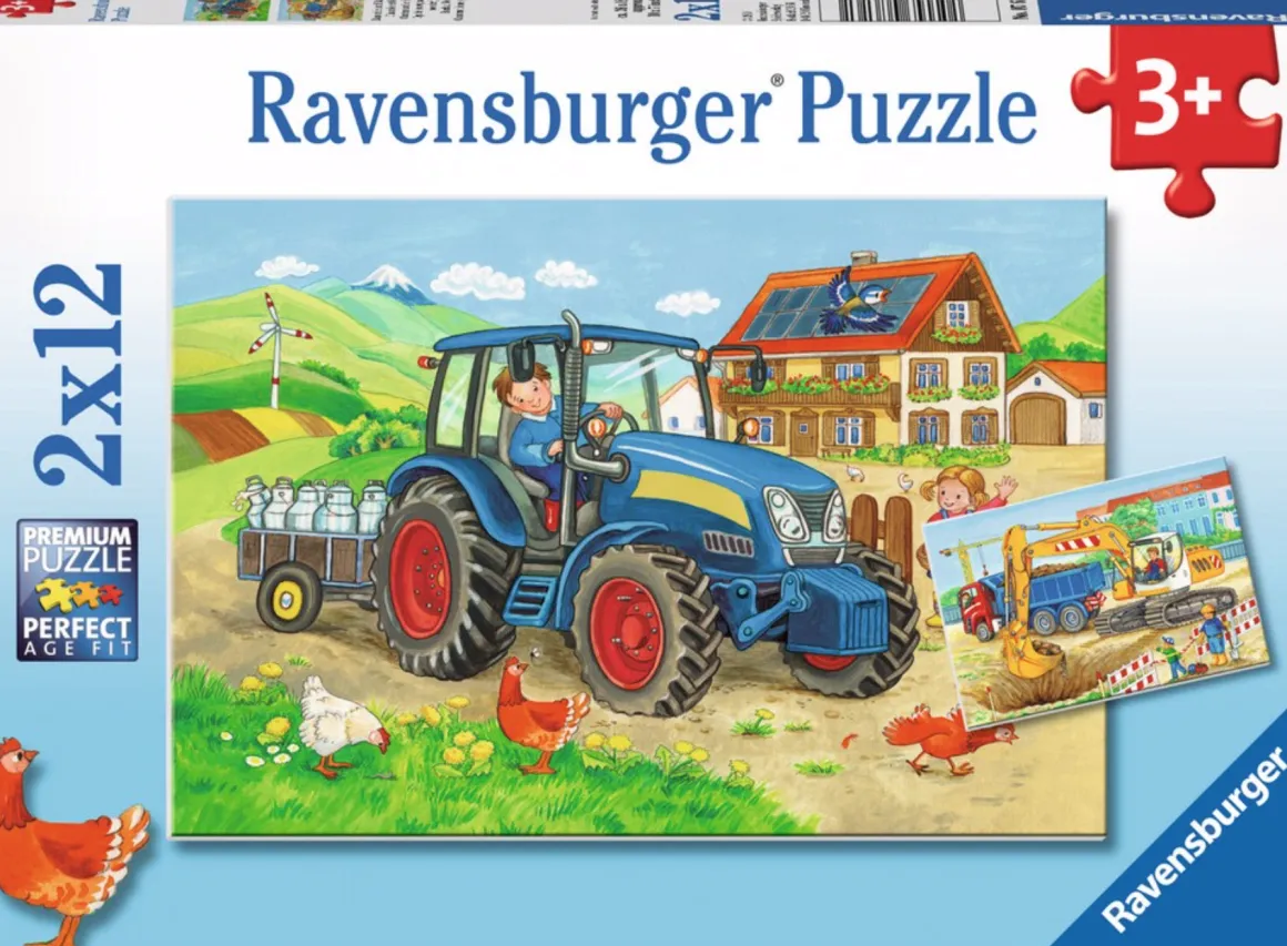 Ravensburger Op de bouwplaats en boerderij - 2 puzzels van 12 stukjes